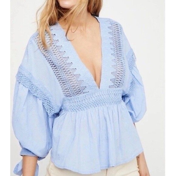 Free People Tops - Free People 'Drive You Mad’ Blue Top Peplum For Puff Sleeve Size L